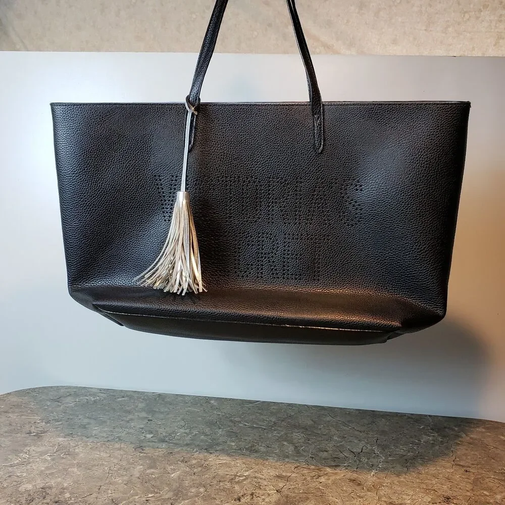 Victoria’s Secret Black Faux Leather Tote Bag Logo Double Handle Silver Tassel !